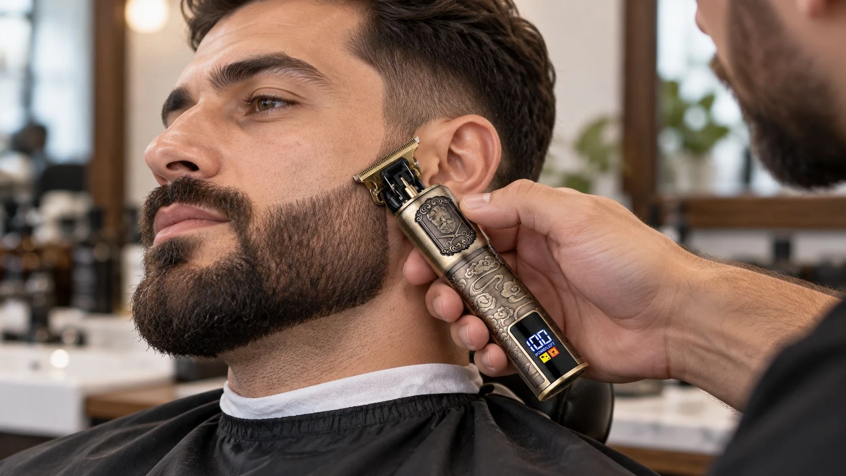 Barber using a T blade trimmer for beard detailing in a barbershop