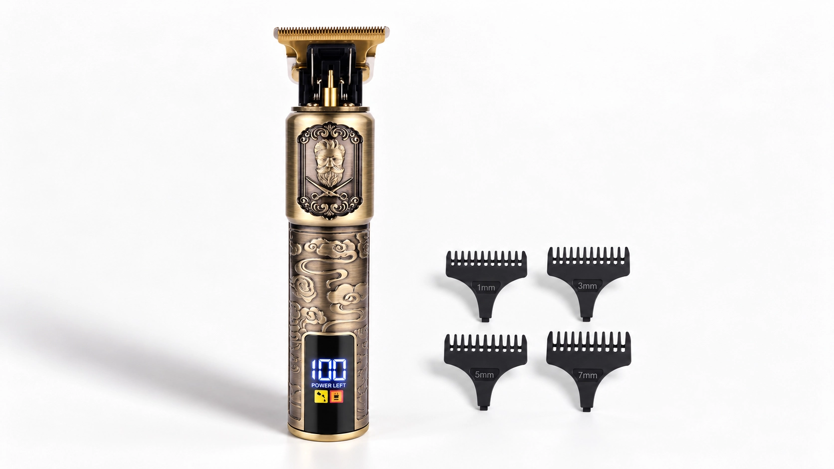 T blade trimmer with an LCD display and four guide combs labeled 1, 3, 5 and 7 mm