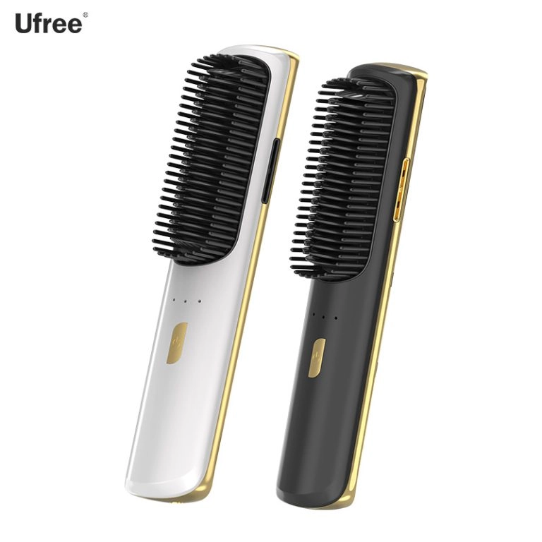 White and black U-8276 rechargeable comb-style hair straighteners with gold trim